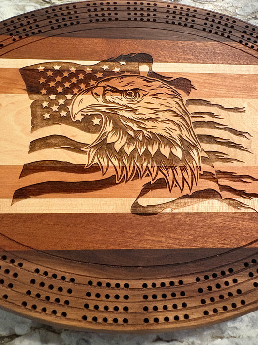 American Flag with Bald Eagle Cribbage board - Cherry, Walnut, Sapele and Maple - 4 lane