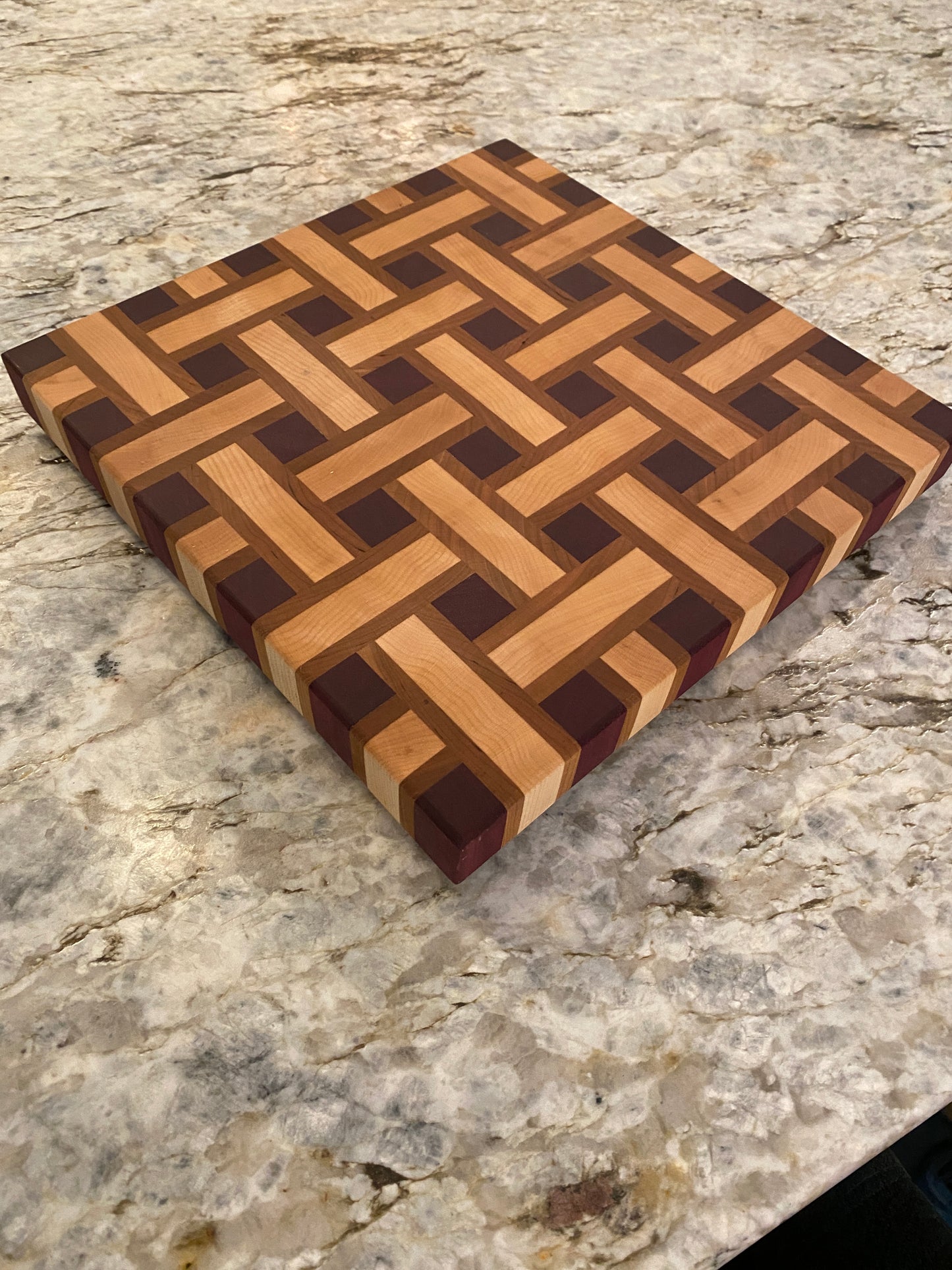 Basketweave end grain cutting board/chopping block Maple, Cherry, and Purple Heart