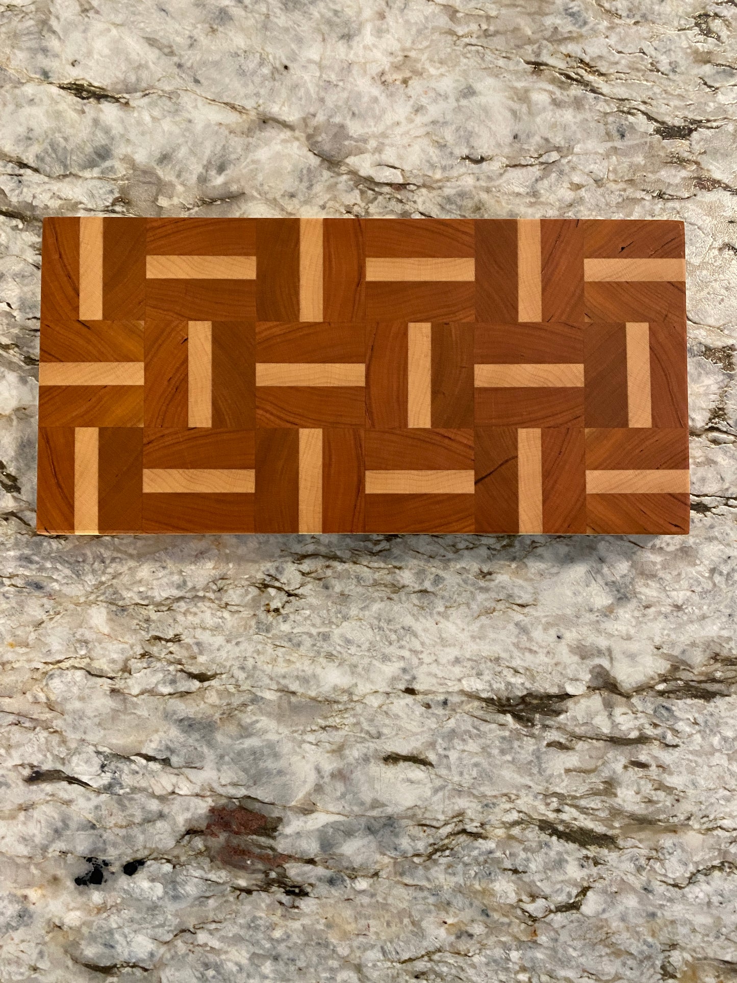 Cherry end grain bar board with Maple basketweave