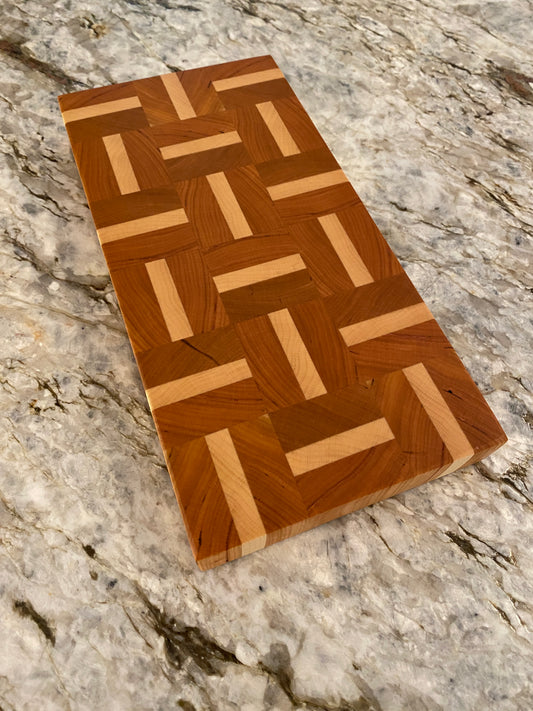Cherry end grain bar board with Maple basketweave