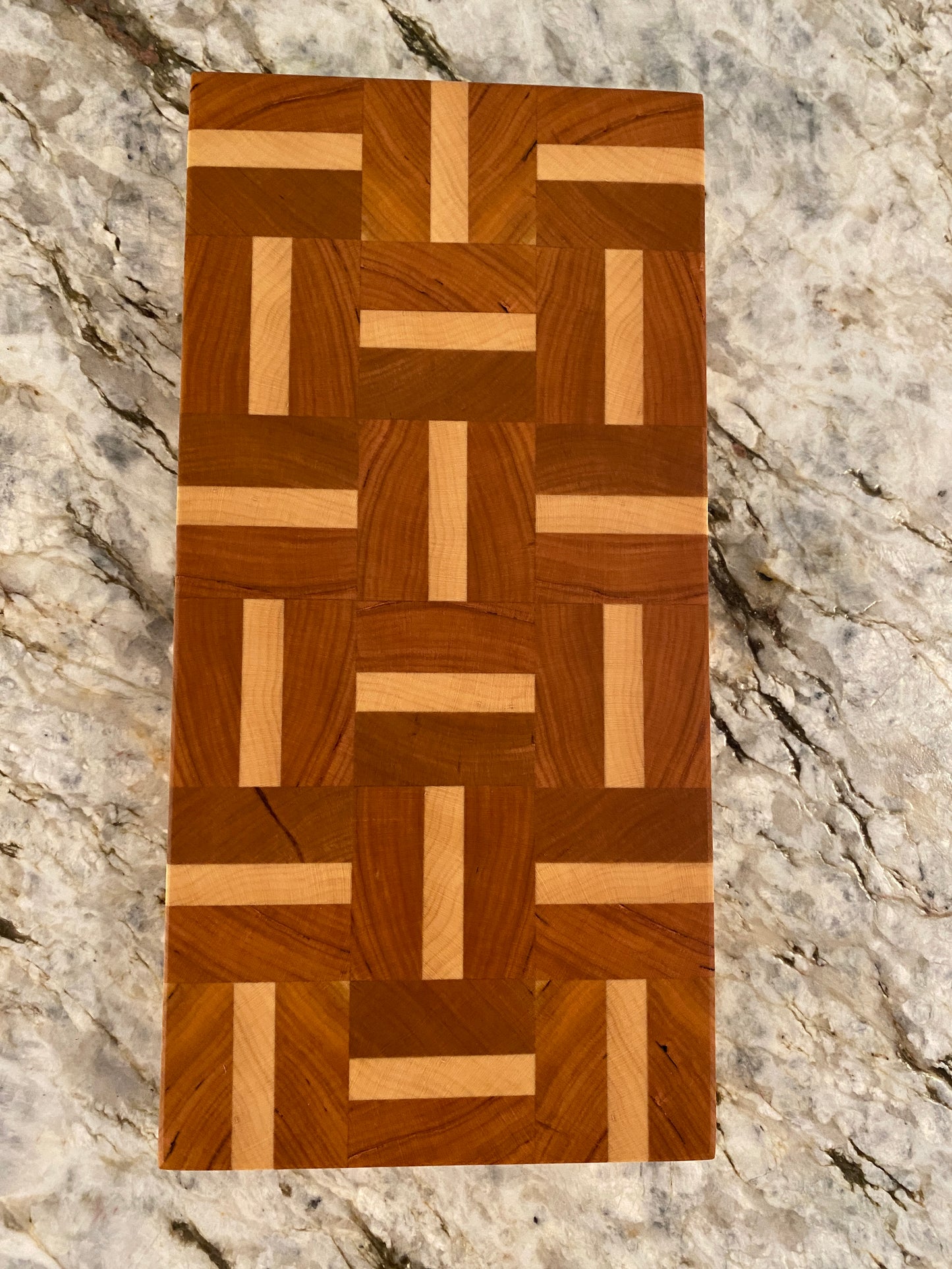 Cherry end grain bar board with Maple basketweave