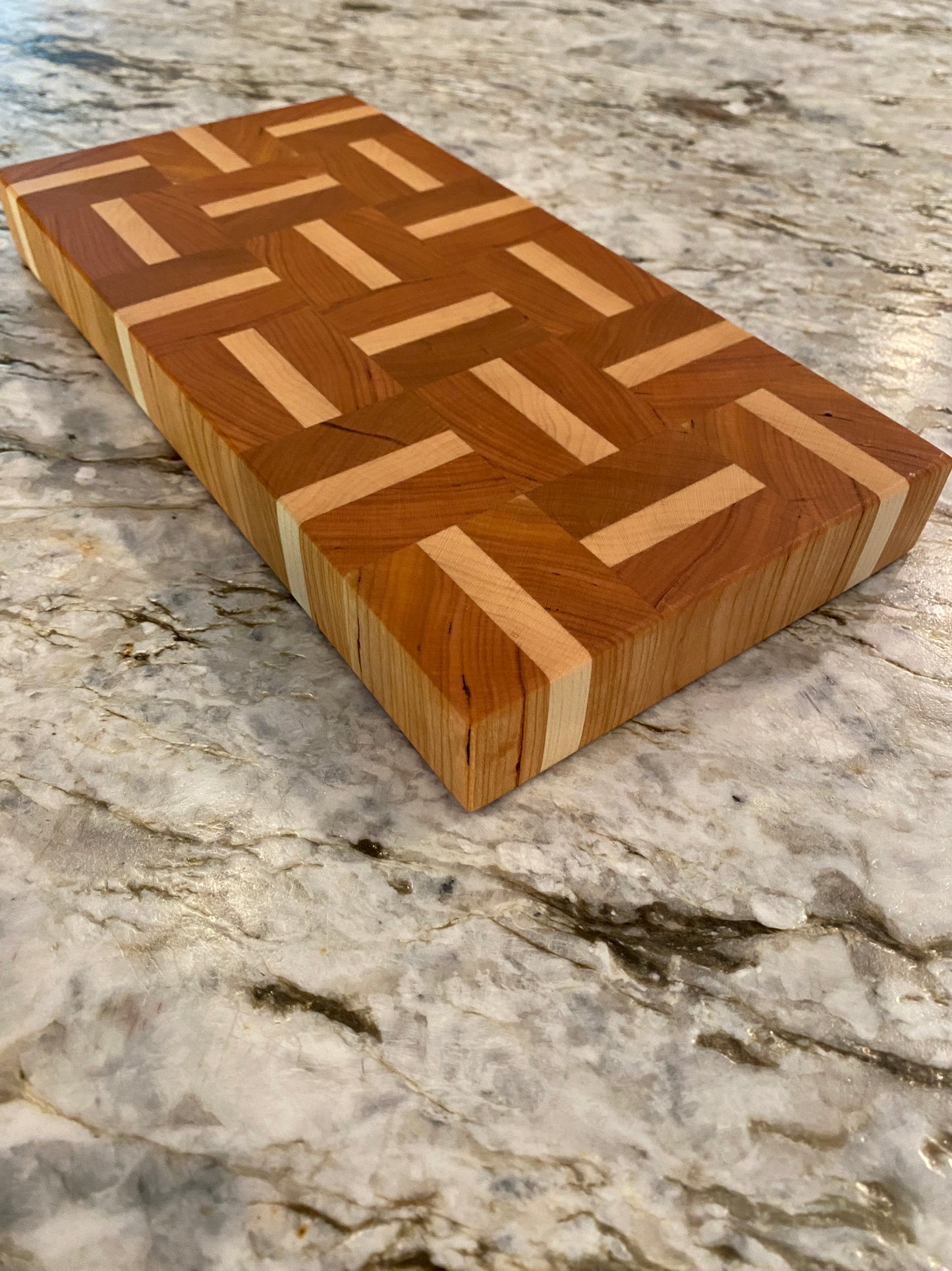 Cherry end grain bar board with Maple basketweave