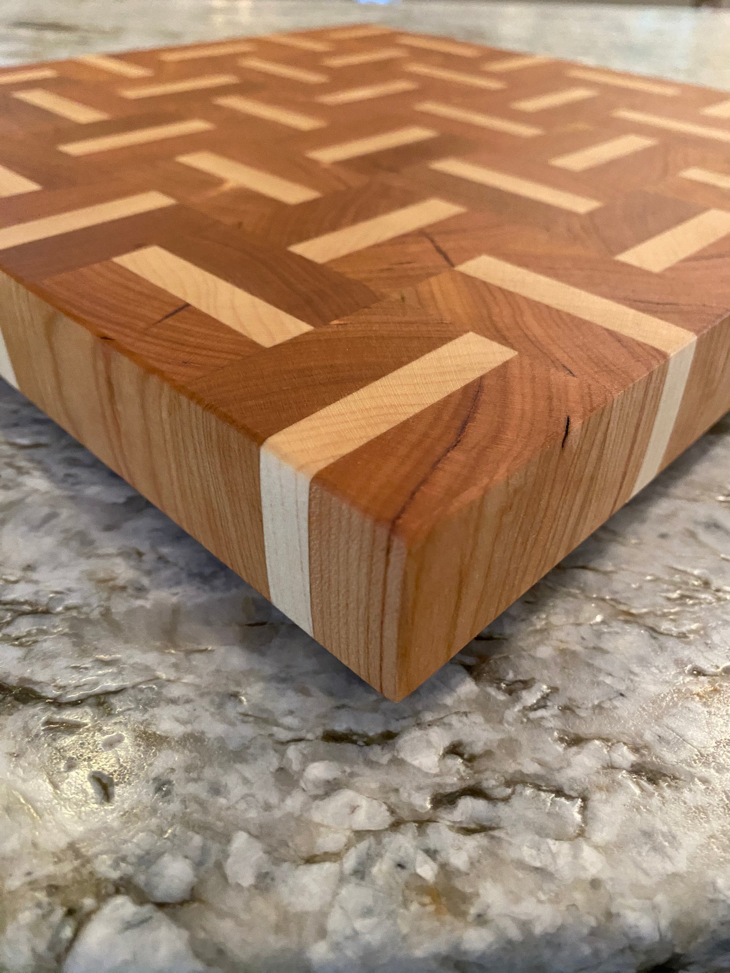 Cherry end grain cutting board/chopping block with Maple basketweave