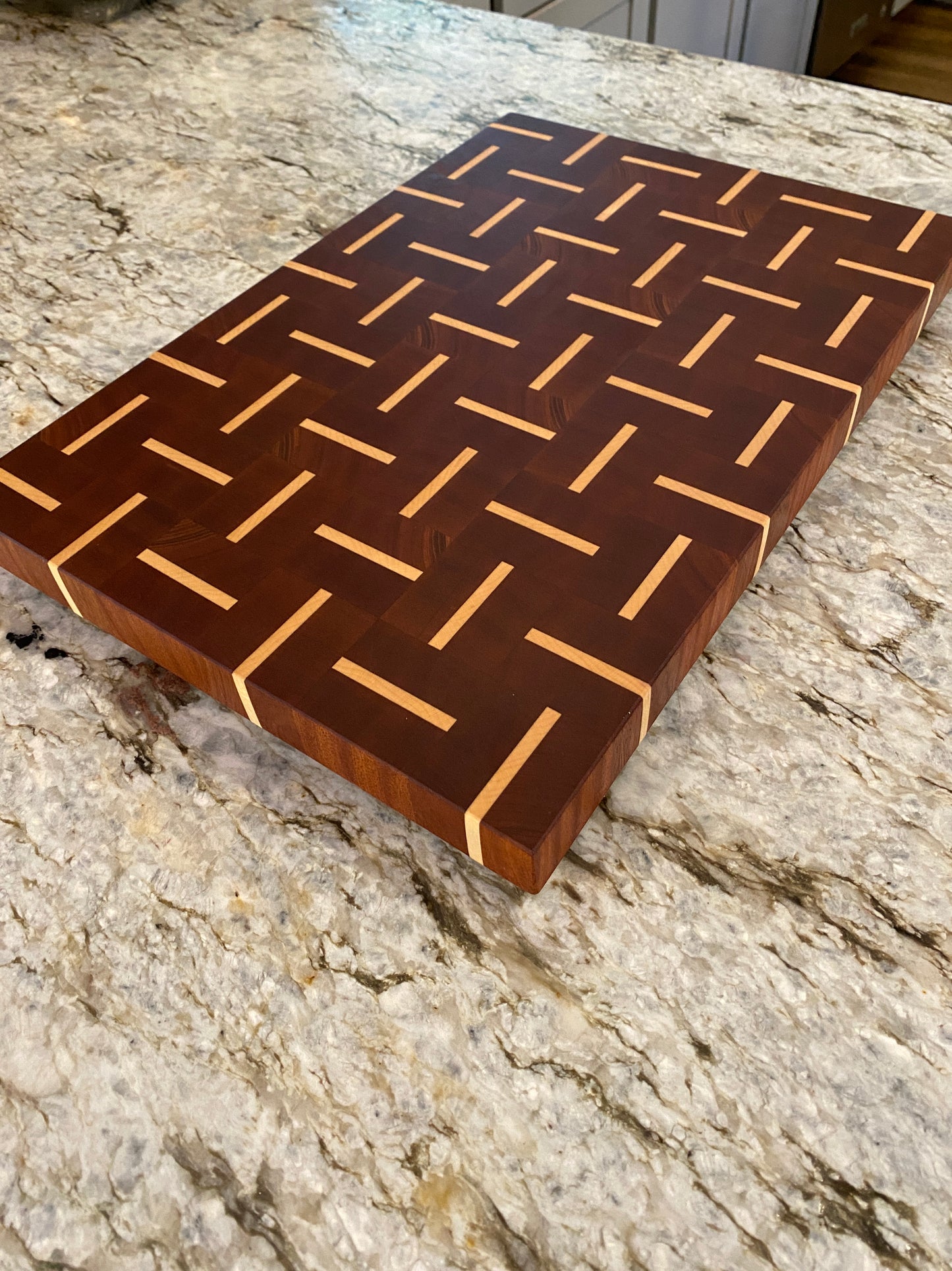 Sapelle end grain cutting board/chopping block with Maple basketweave