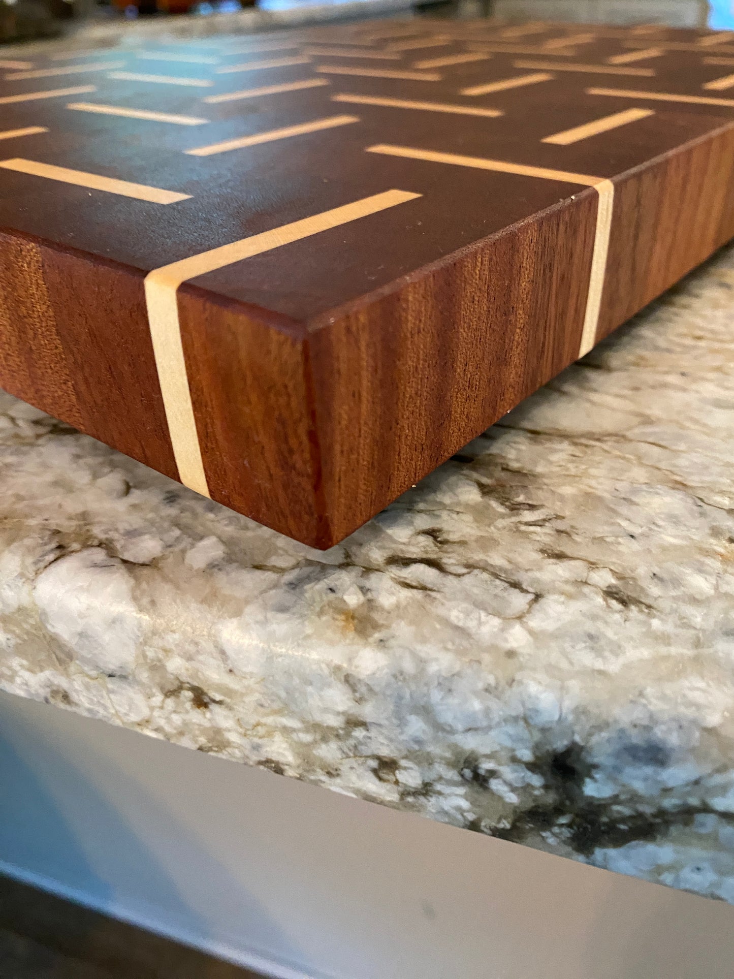 Sapelle end grain cutting board/chopping block with Maple basketweave