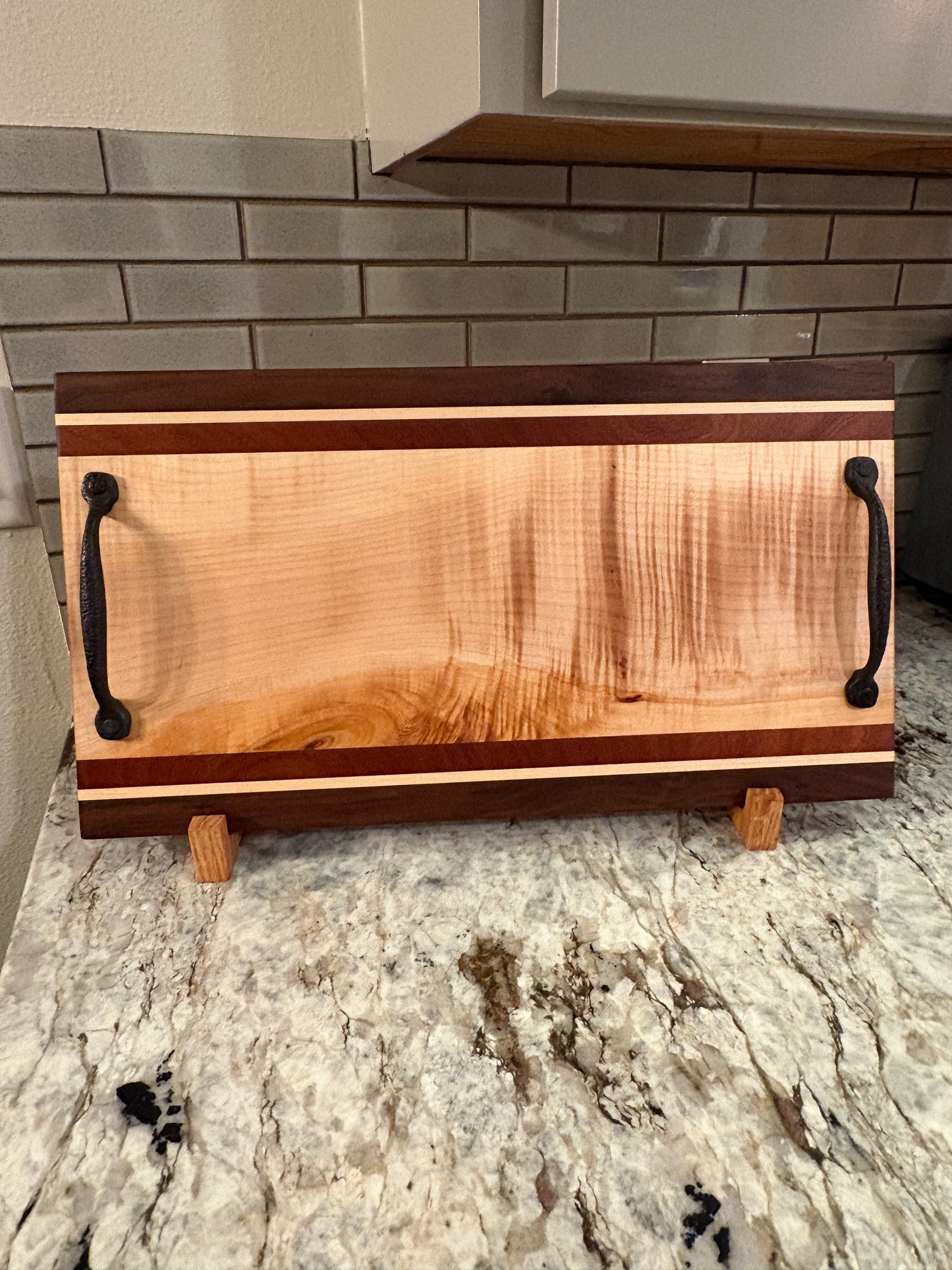 Flame Maple, Sapele, Maple, and Walnut Serving/Charcuterie Board with handles