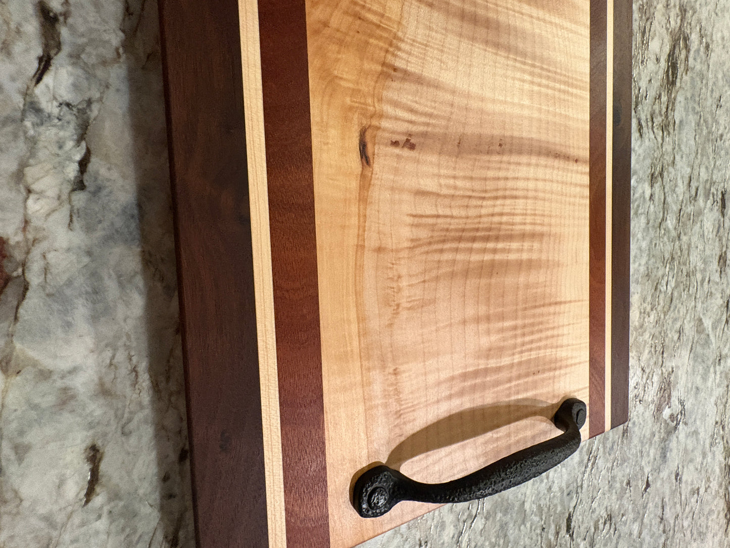 Flame Maple, Sapele, Maple, and Walnut Serving/Charcuterie Board with handles