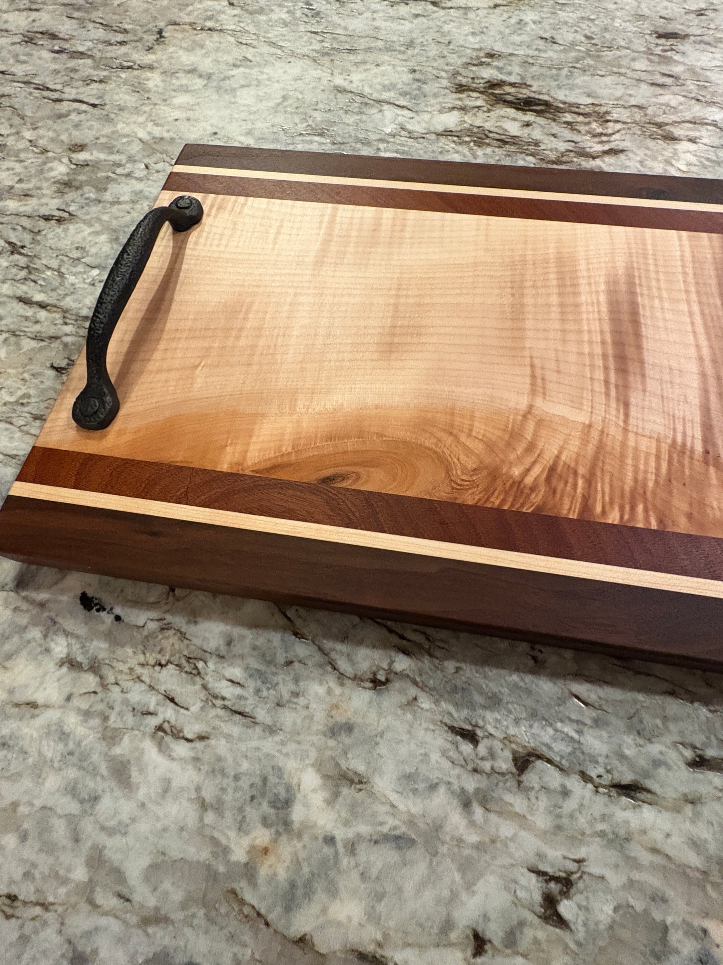 Flame Maple, Sapele, Maple, and Walnut Serving/Charcuterie Board with handles