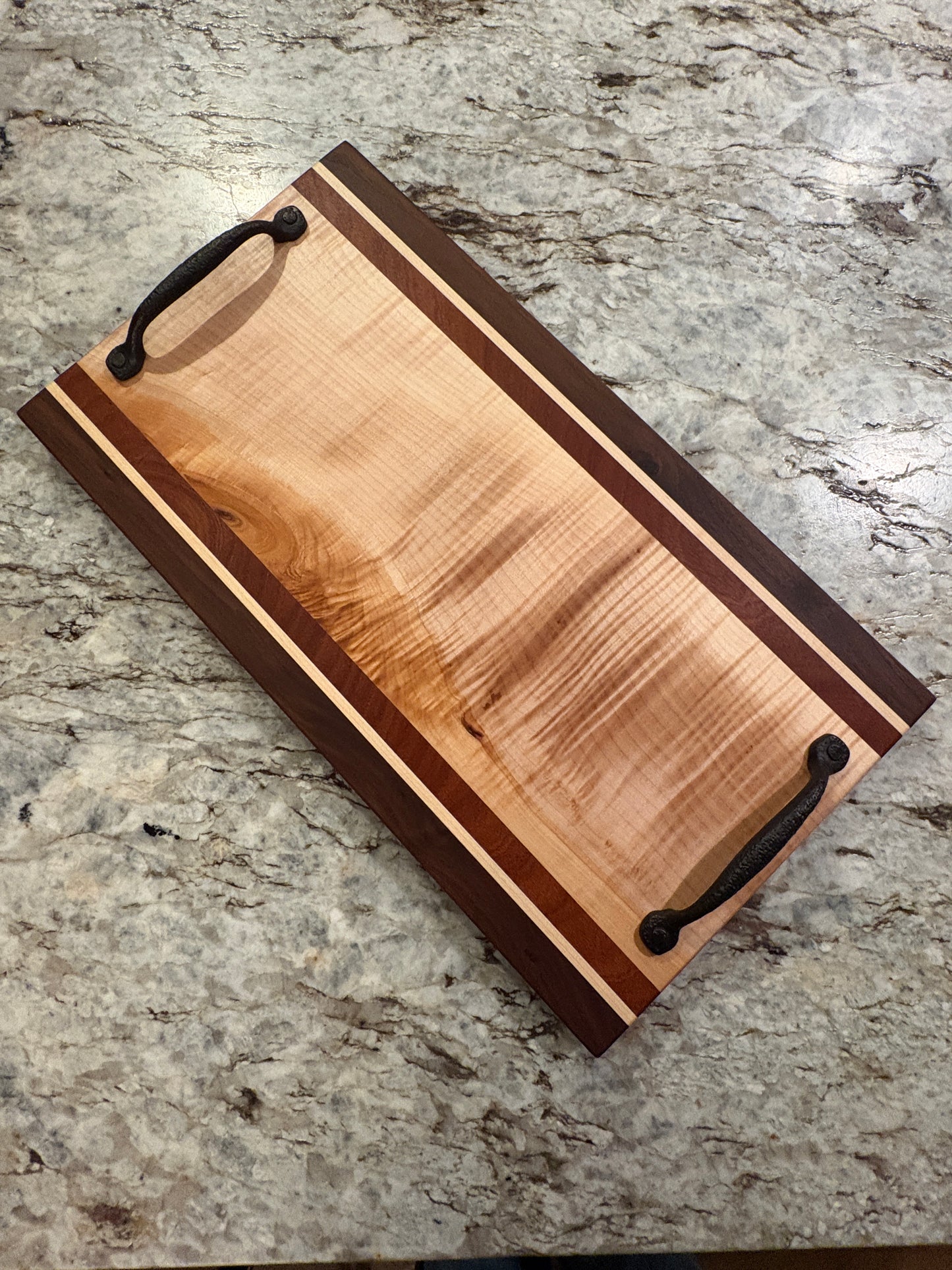 Flame Maple, Sapele, Maple, and Walnut Serving/Charcuterie Board with handles