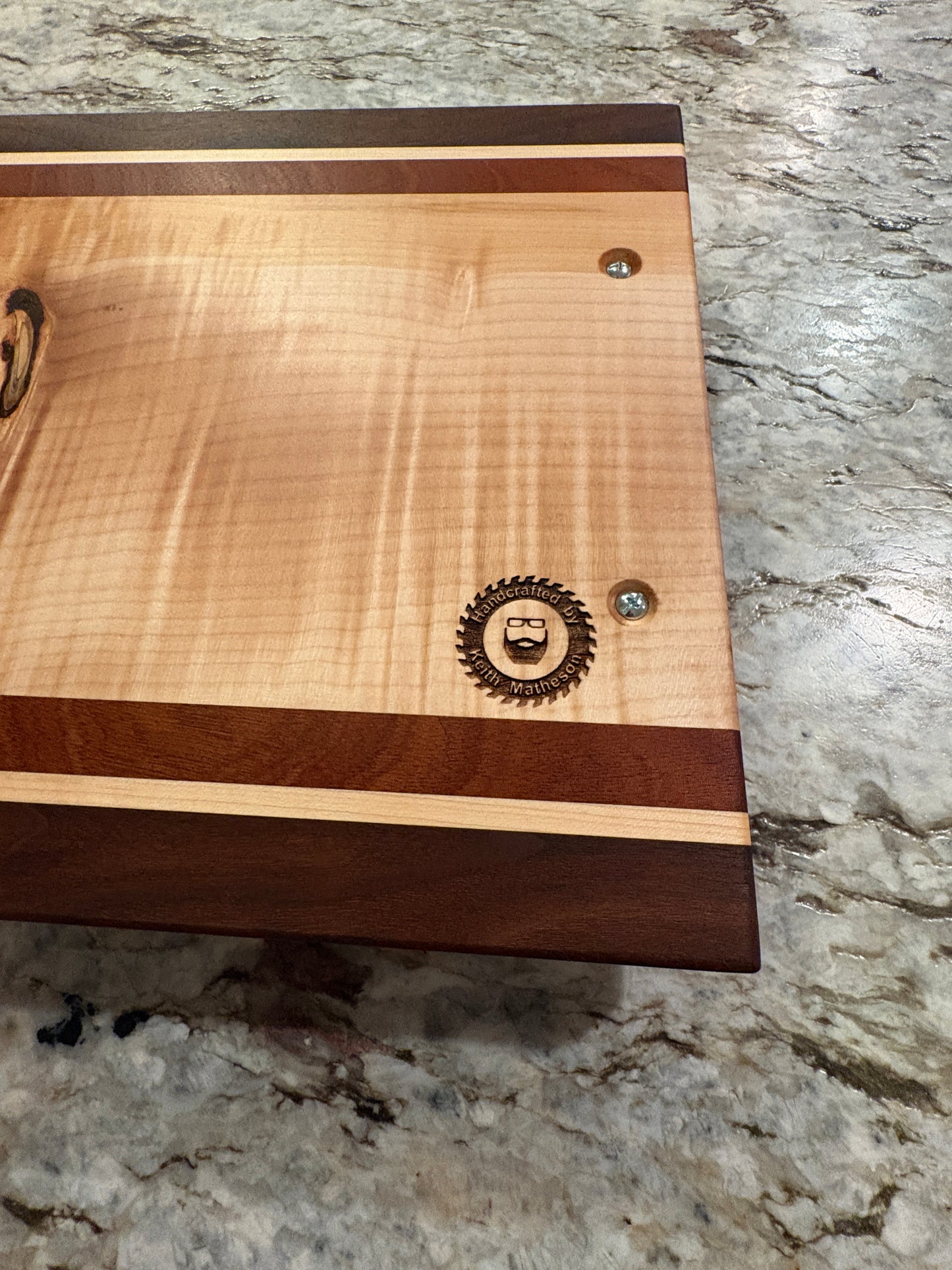 Flame Maple, Sapele, Maple, and Walnut Serving/Charcuterie Board with handles