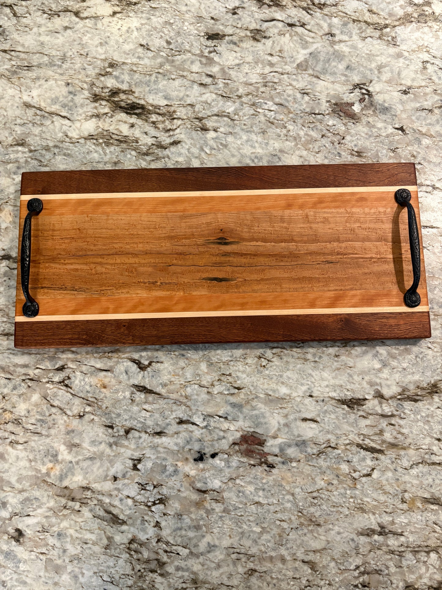 Birdseye/spalted maple, cherry, maple and sapele Serving/Charcuterie Board with handles