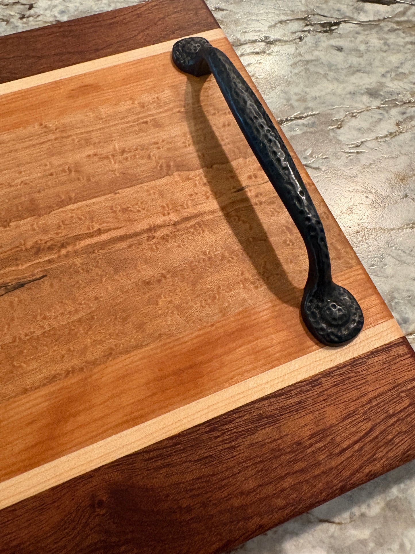 Birdseye/spalted maple, cherry, maple and sapele Serving/Charcuterie Board with handles