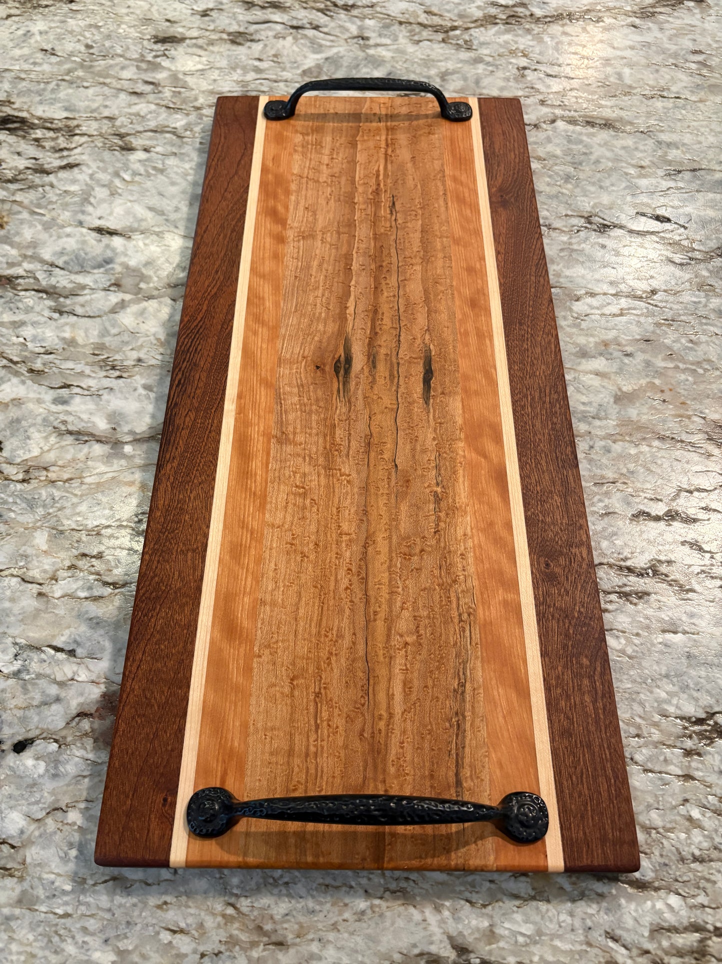 Birdseye/spalted maple, cherry, maple and sapele Serving/Charcuterie Board with handles