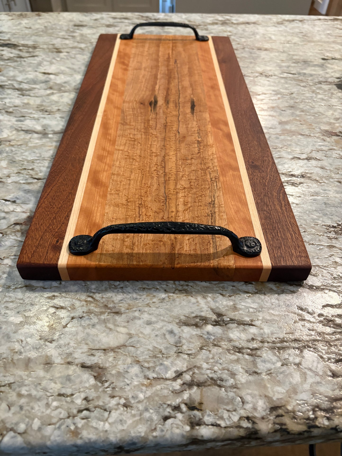 Birdseye/spalted maple, cherry, maple and sapele Serving/Charcuterie Board with handles