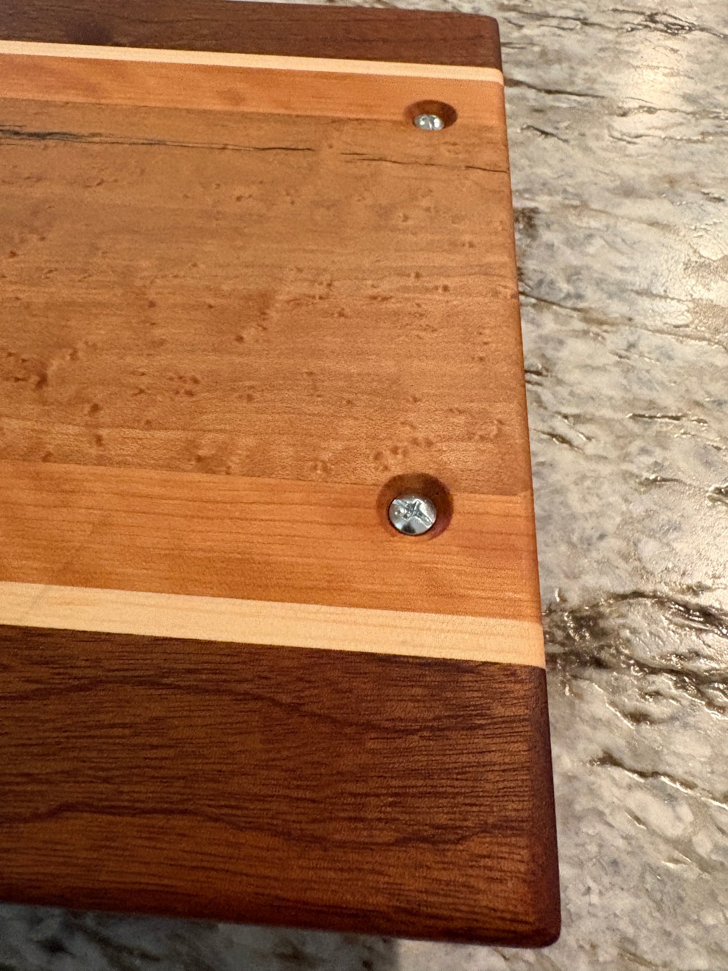 Birdseye/spalted maple, cherry, maple and sapele Serving/Charcuterie Board with handles