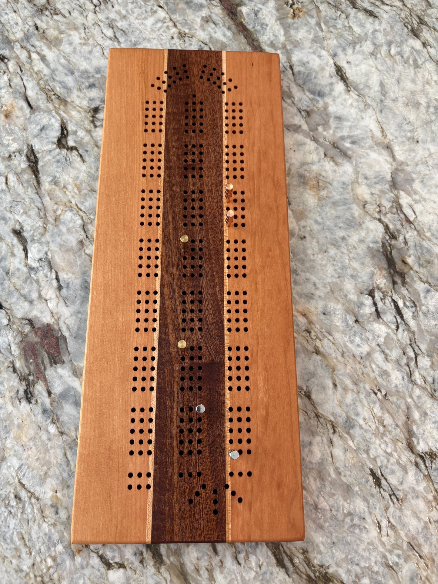 Cherry, Maple and Sapele Cribbage Board (Customizable) - 3 lane