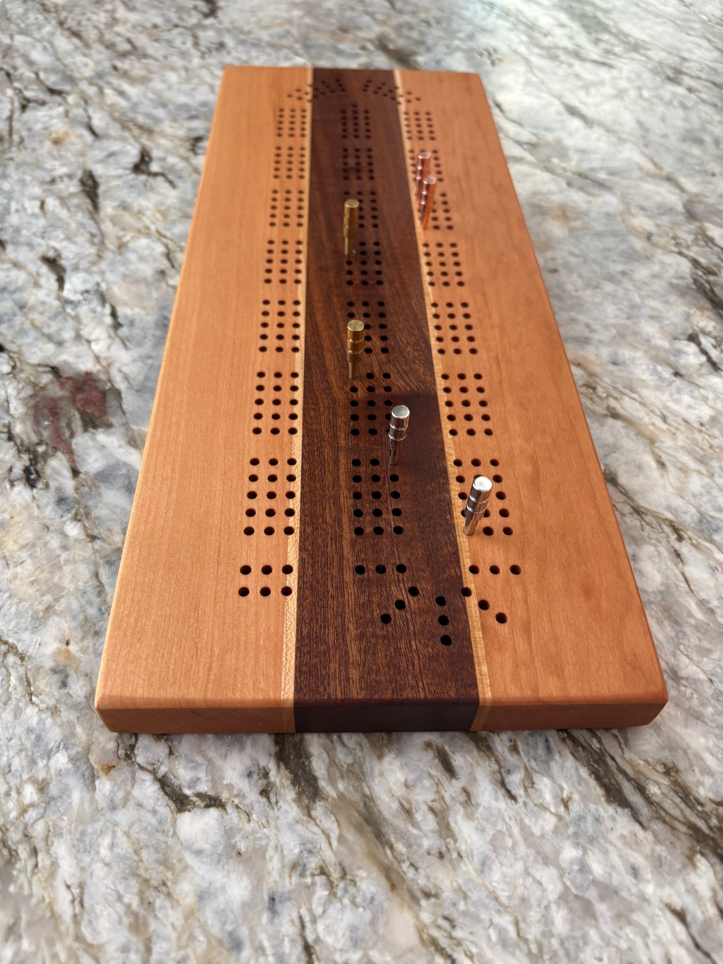 Cherry, Maple and Sapele Cribbage Board (Customizable) - 3 lane
