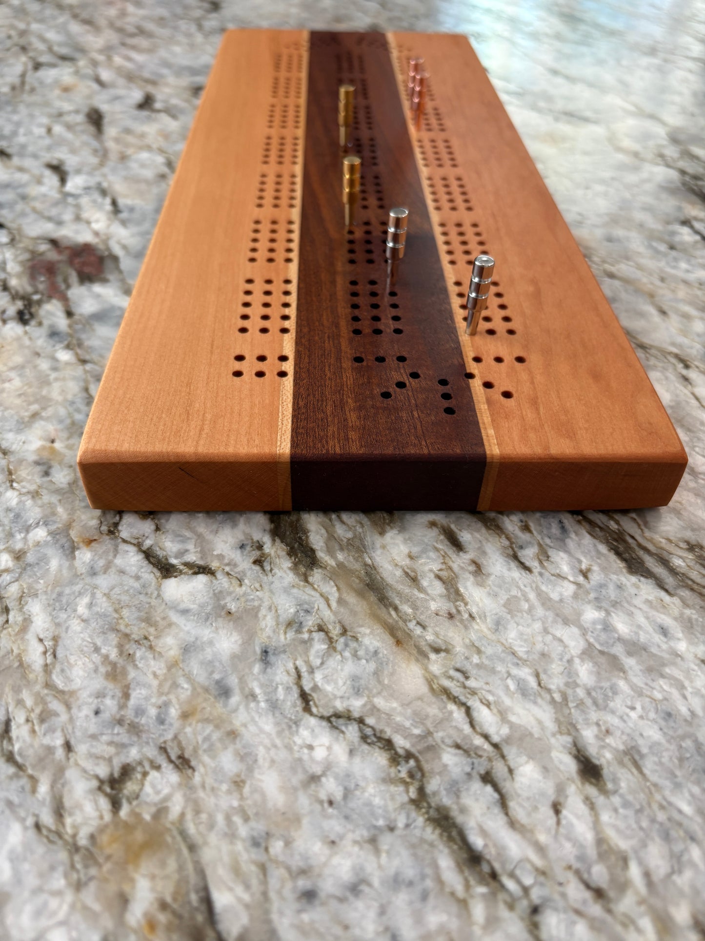Cherry, Maple and Sapele Cribbage Board (Customizable) - 3 lane