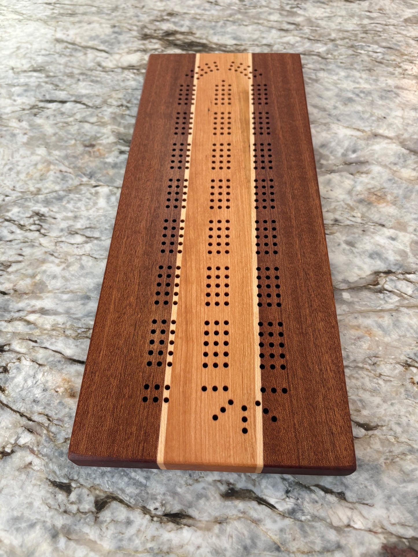 Sapele, Maple and Cherry Cribbage Board (Customizable) - 3 lane