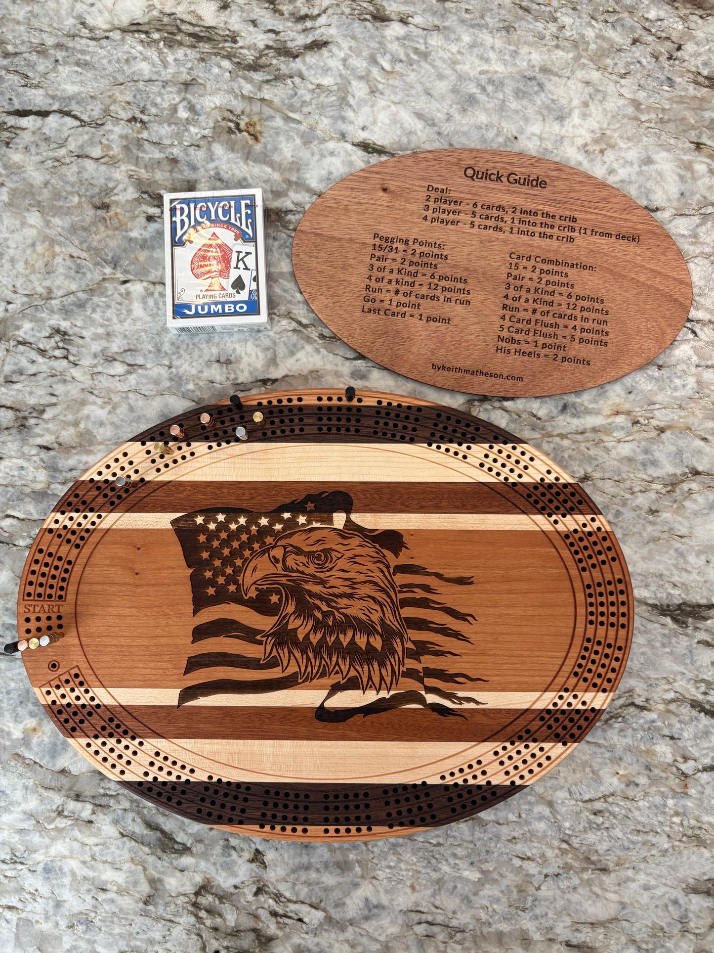 American Flag with Bald Eagle Cribbage board - Cherry Walnut and Maple - 4 lane
