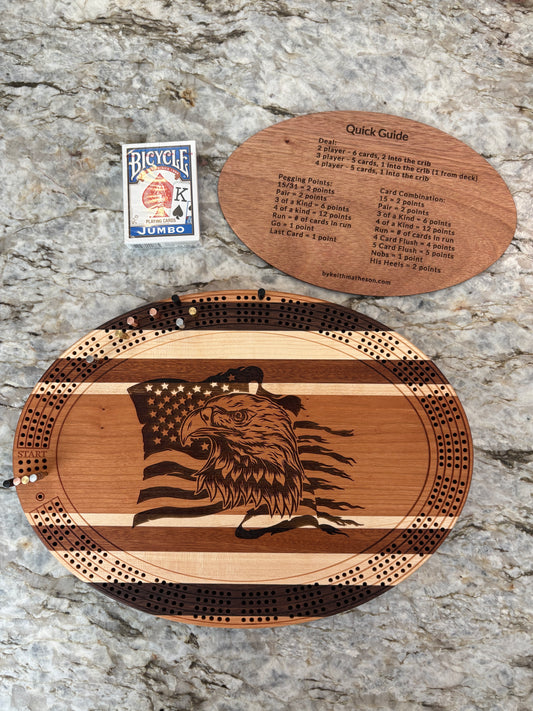 American Flag with Bald Eagle Cribbage board - Cherry Walnut and Maple - 4 lane