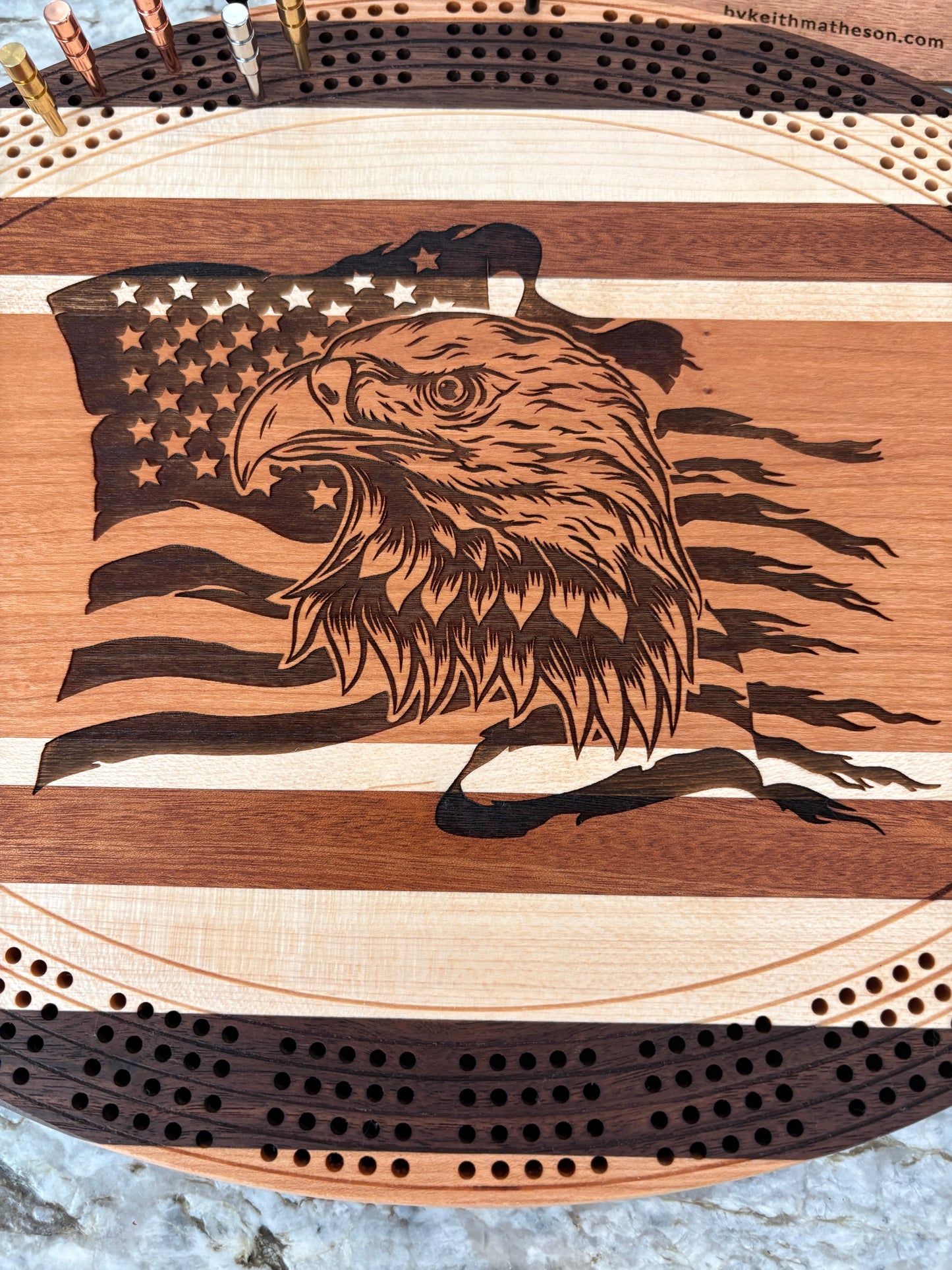American Flag with Bald Eagle Cribbage board - Cherry Walnut and Maple - 4 lane