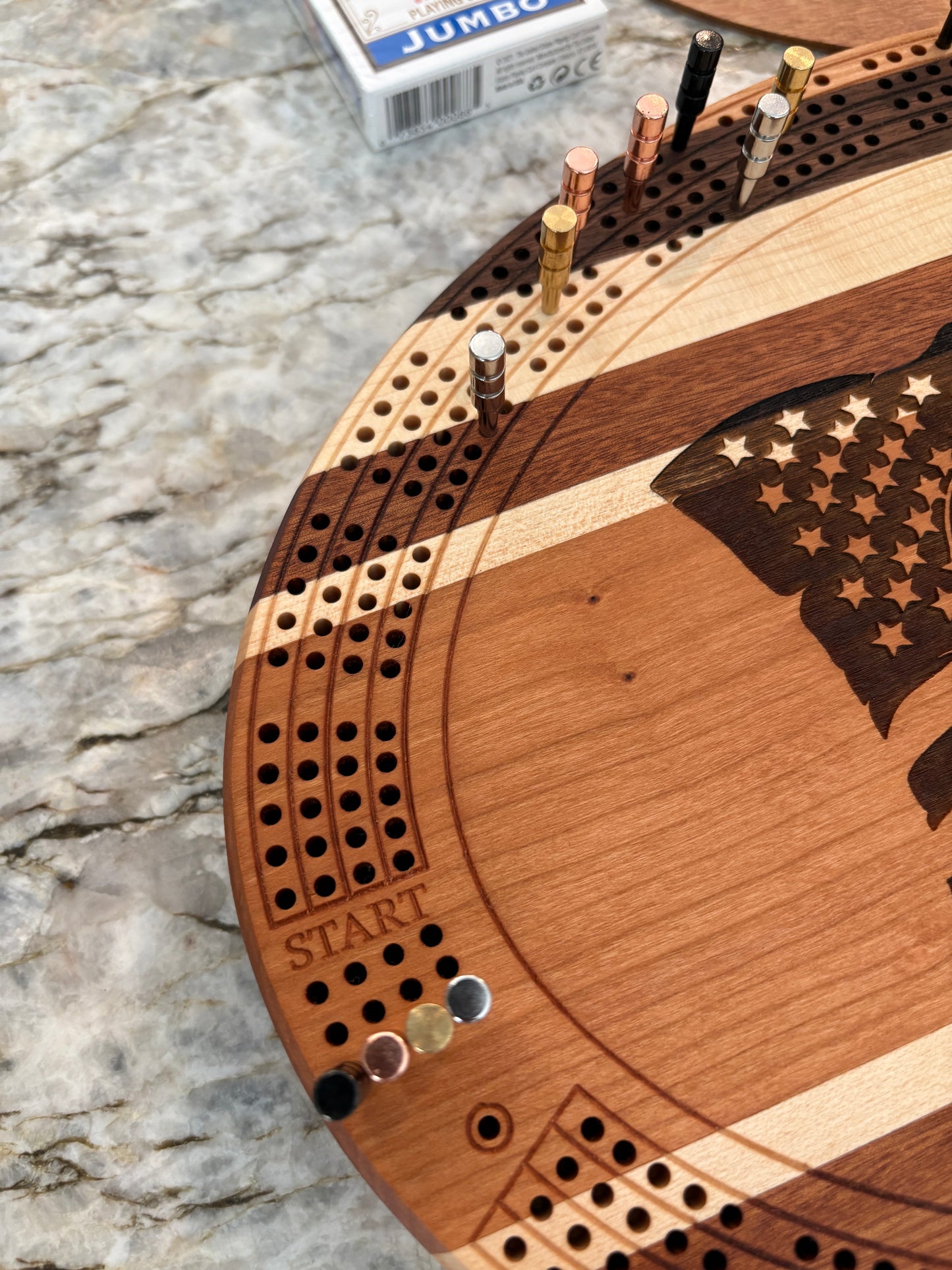 American Flag with Bald Eagle Cribbage board - Cherry Walnut and Maple - 4 lane