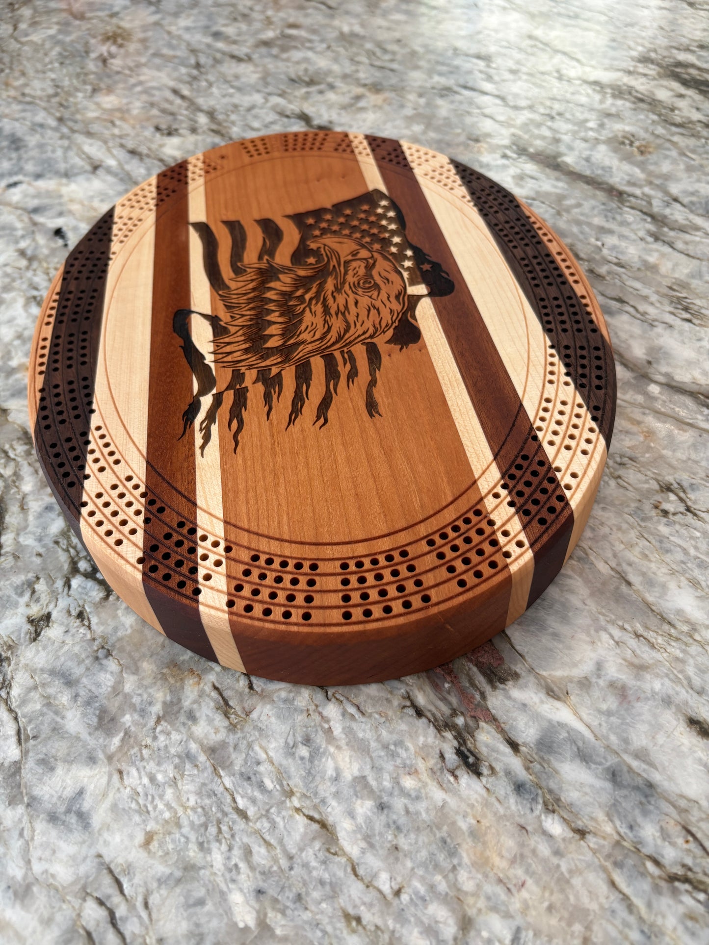 American Flag with Bald Eagle Cribbage board - Cherry Walnut and Maple - 4 lane
