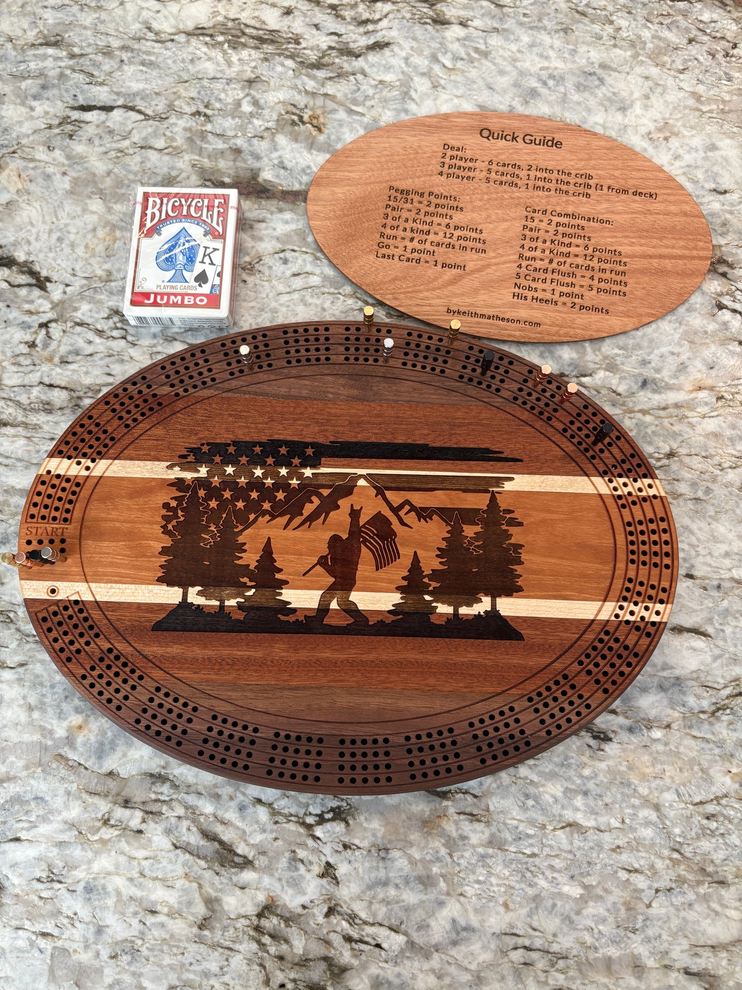 Bigfoot and American Flag Cribbage board - Walnut, Sapele, Maple and Cherry - 4 lane