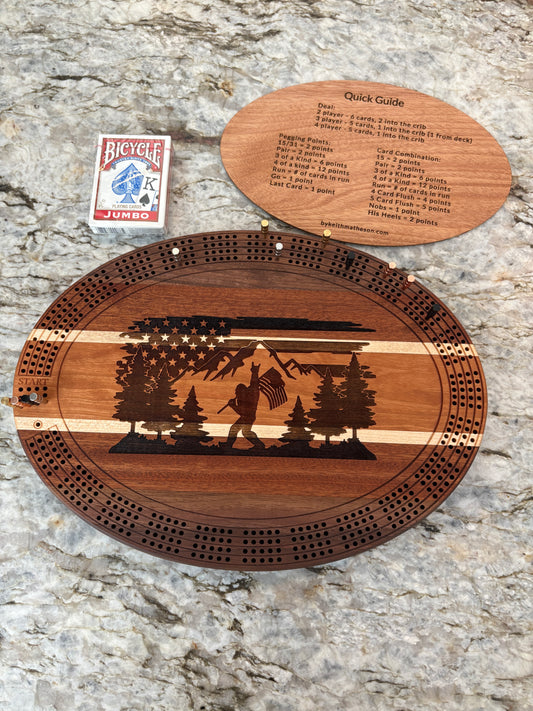 Bigfoot and American Flag Cribbage board - Walnut, Sapele, Maple and Cherry - 4 lane
