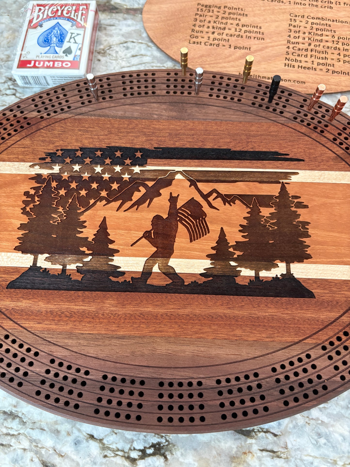 Bigfoot and American Flag Cribbage board - Walnut, Sapele, Maple and Cherry - 4 lane