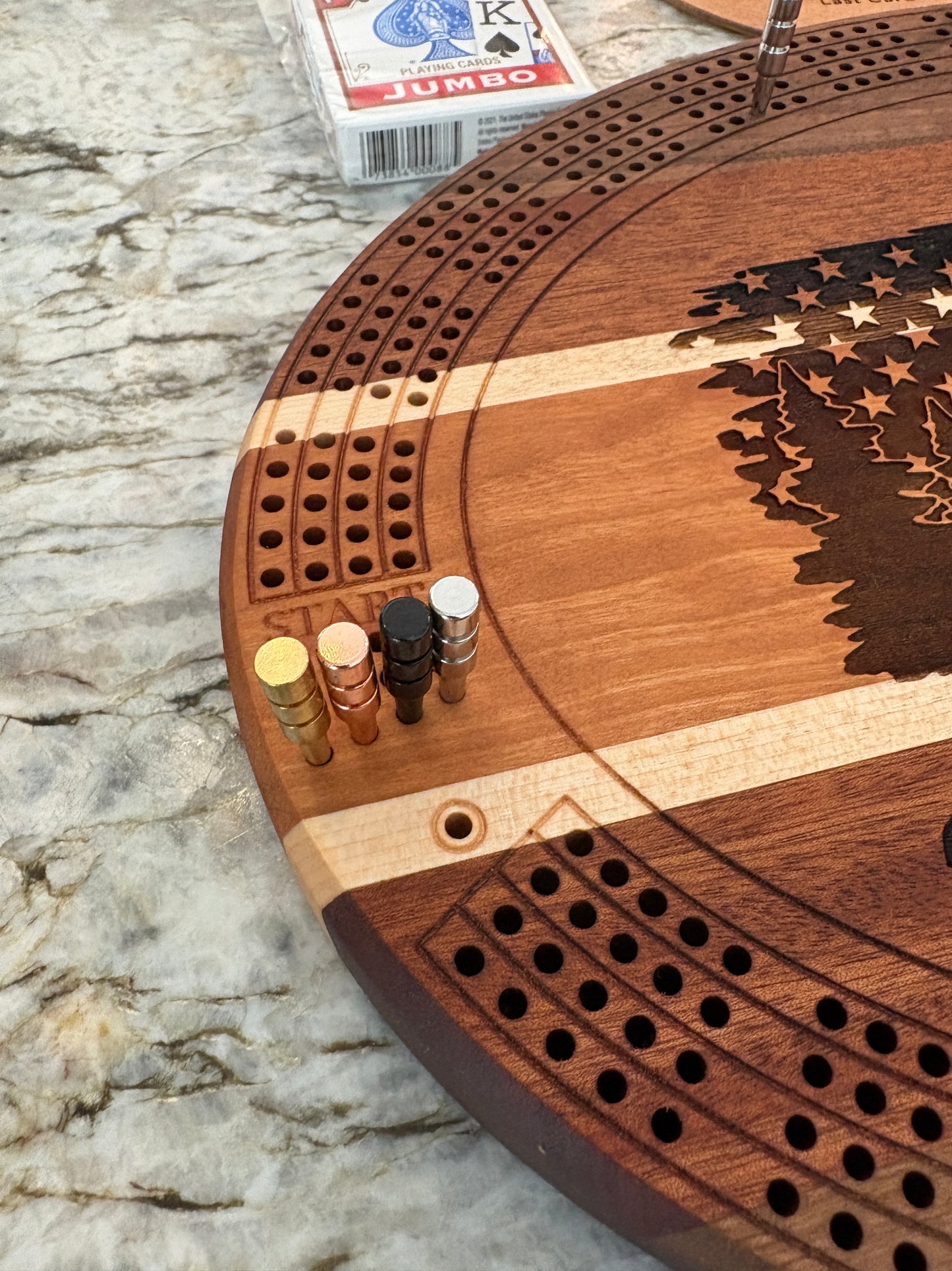 Bigfoot and American Flag Cribbage board - Walnut, Sapele, Maple and Cherry - 4 lane