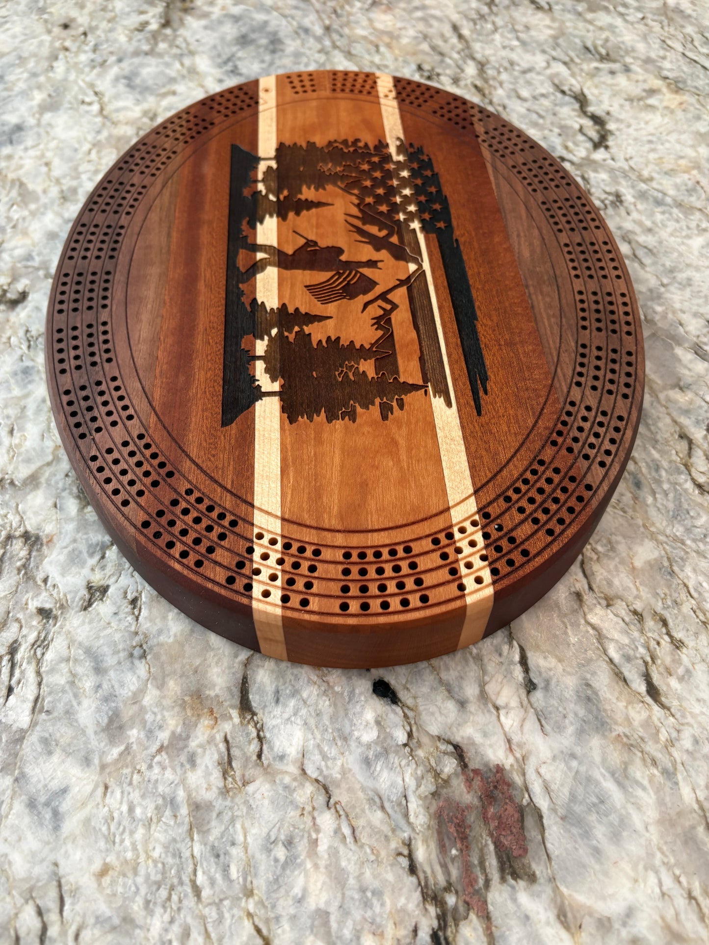 Bigfoot and American Flag Cribbage board - Walnut, Sapele, Maple and Cherry - 4 lane