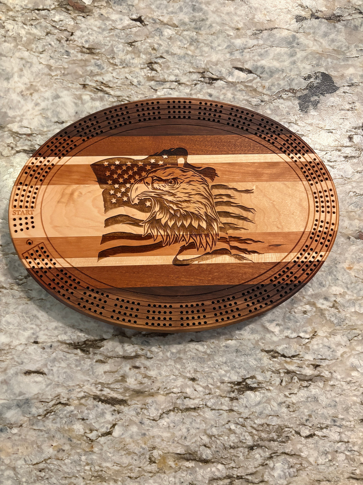 American Flag with Bald Eagle Cribbage board - Cherry, Walnut, Sapele and Maple - 4 lane