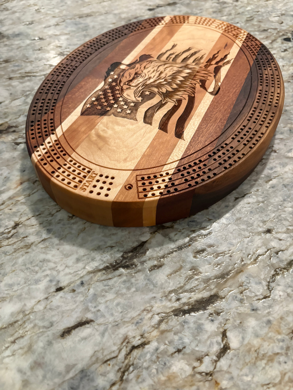 American Flag with Bald Eagle Cribbage board - Cherry, Walnut, Sapele and Maple - 4 lane