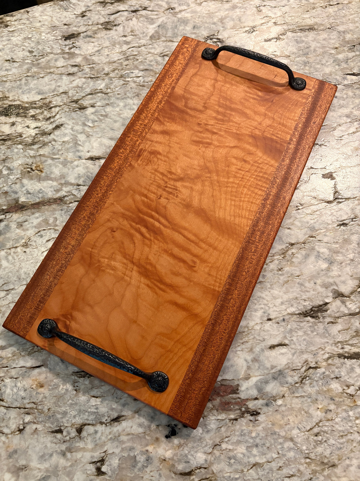 Figured Maple and Sapele Serving/Charcuterie Board with handles