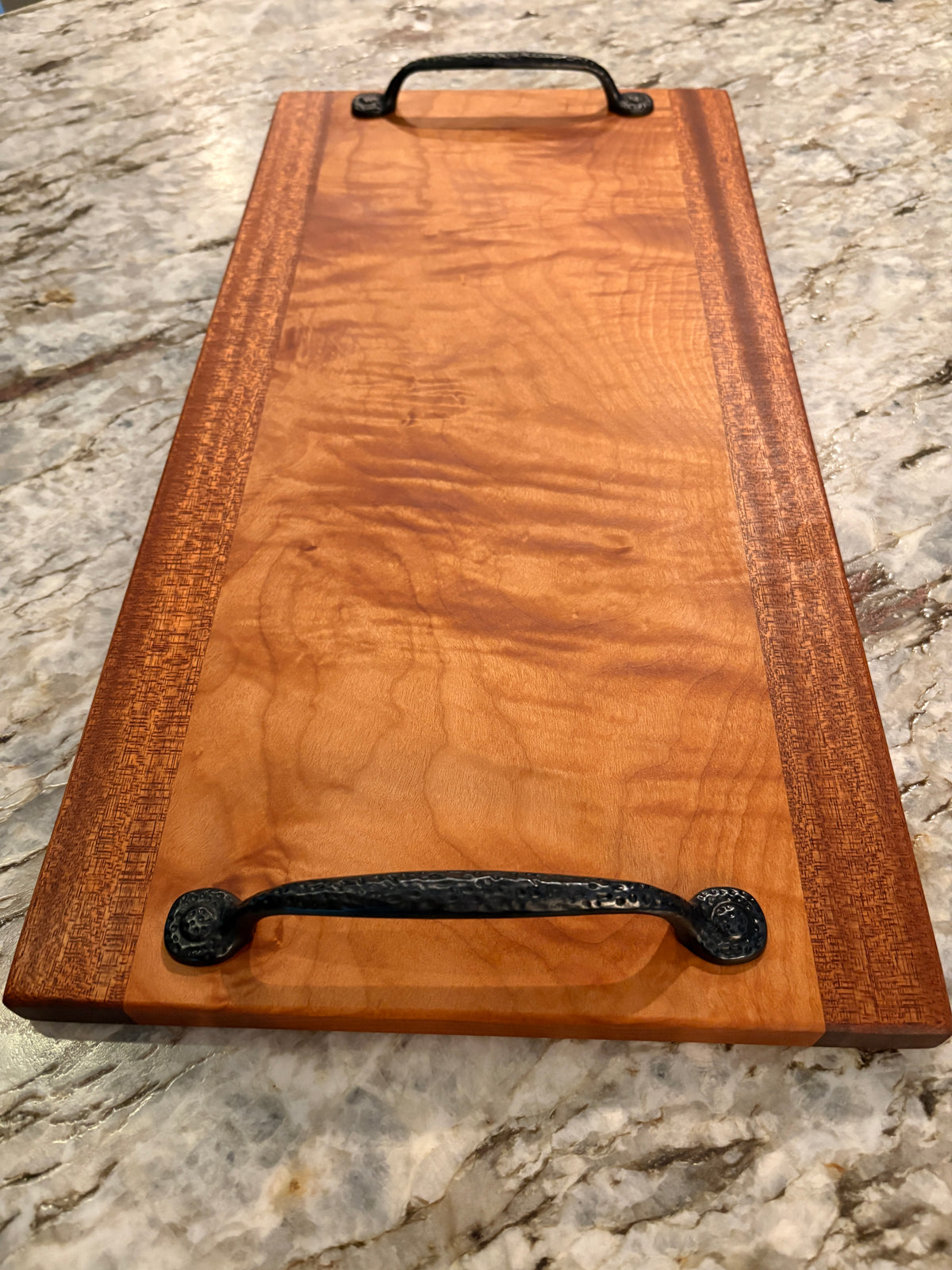 Figured Maple and Sapele Serving/Charcuterie Board with handles