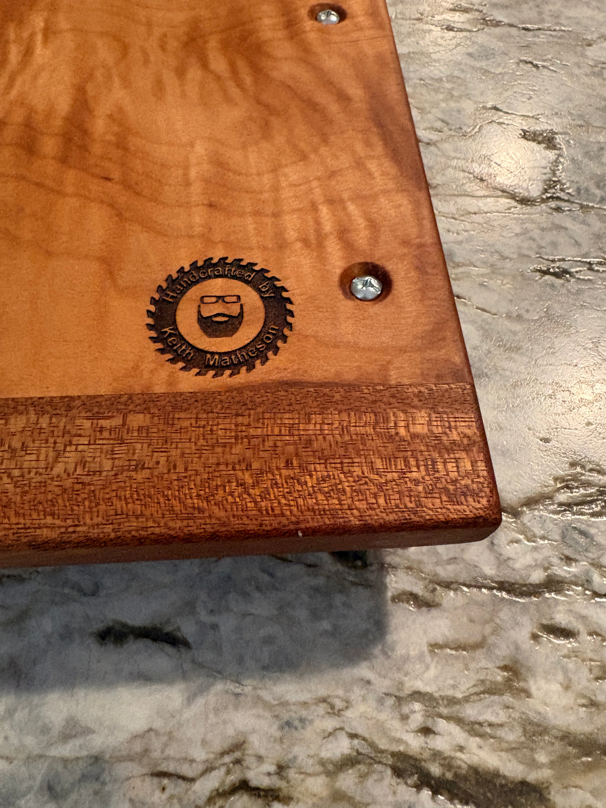 Figured Maple and Sapele Serving/Charcuterie Board with handles