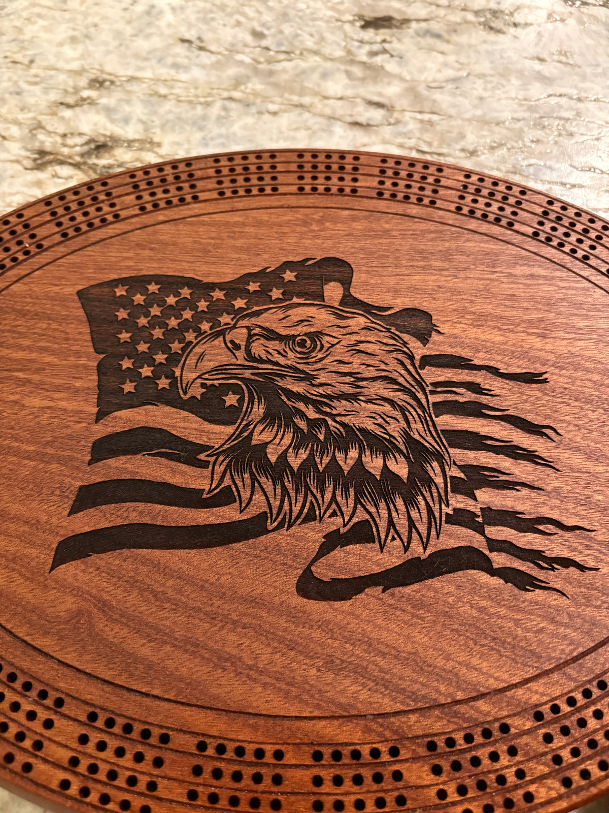 American Flag with Bald Eagle Cribbage board - Sapele - 4 lane