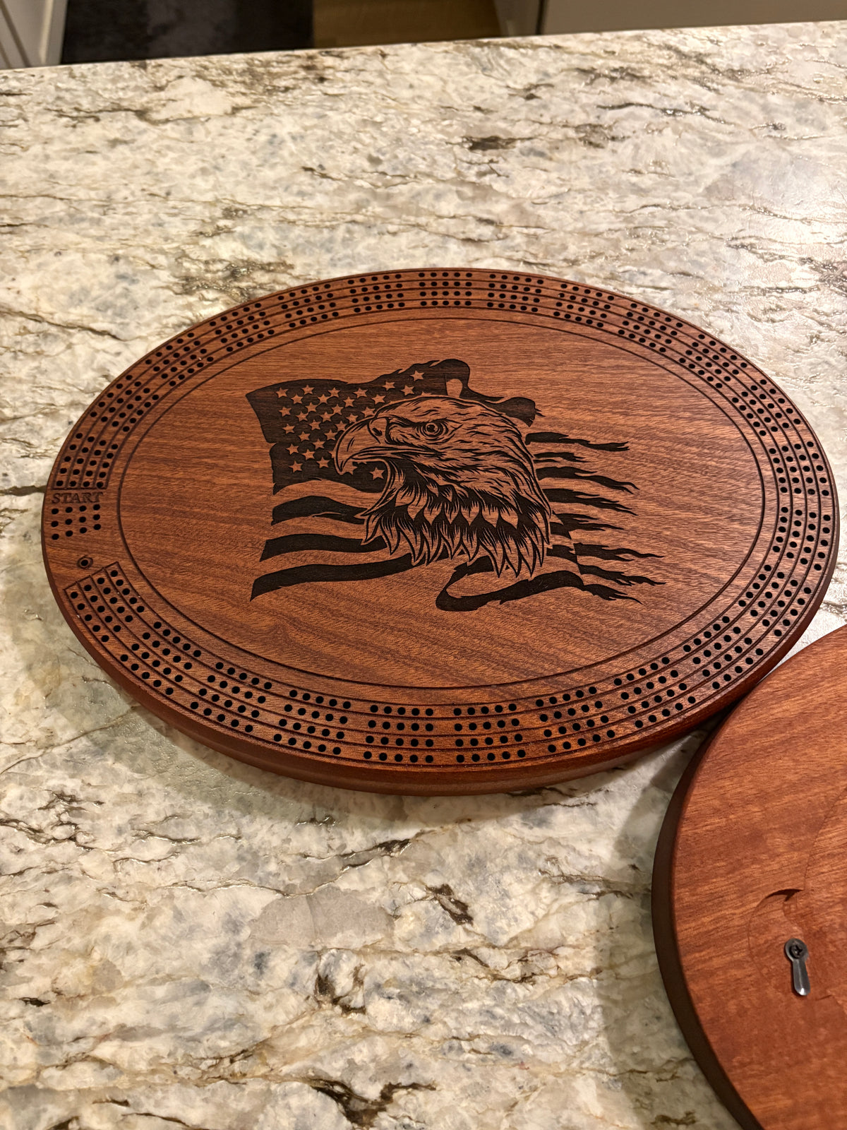 American Flag with Bald Eagle Cribbage board - Sapele - 4 lane