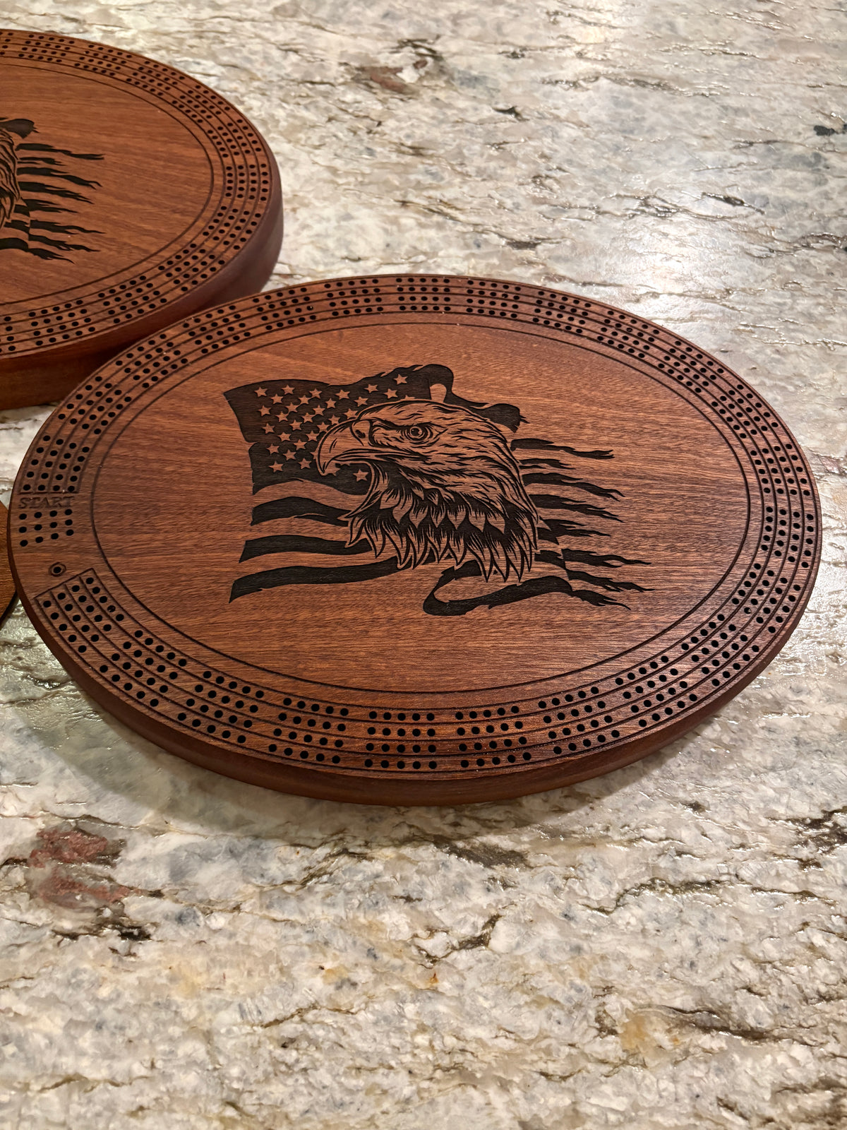 American Flag with Bald Eagle Cribbage board - Sapele - 4 lane