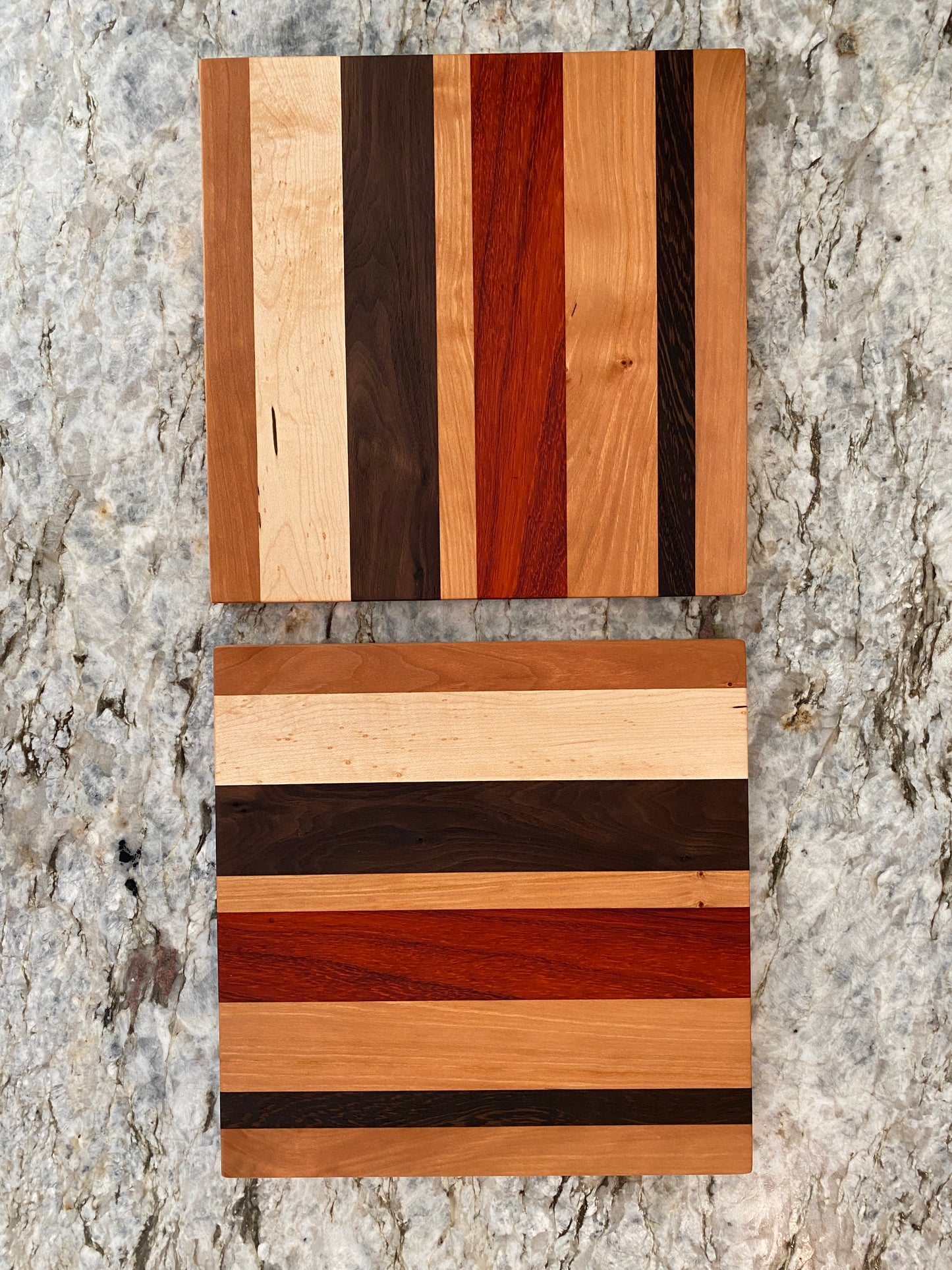 Padauk, Canary, Wenge, Birdseye Maple, Walnut, and Cherry cutting board