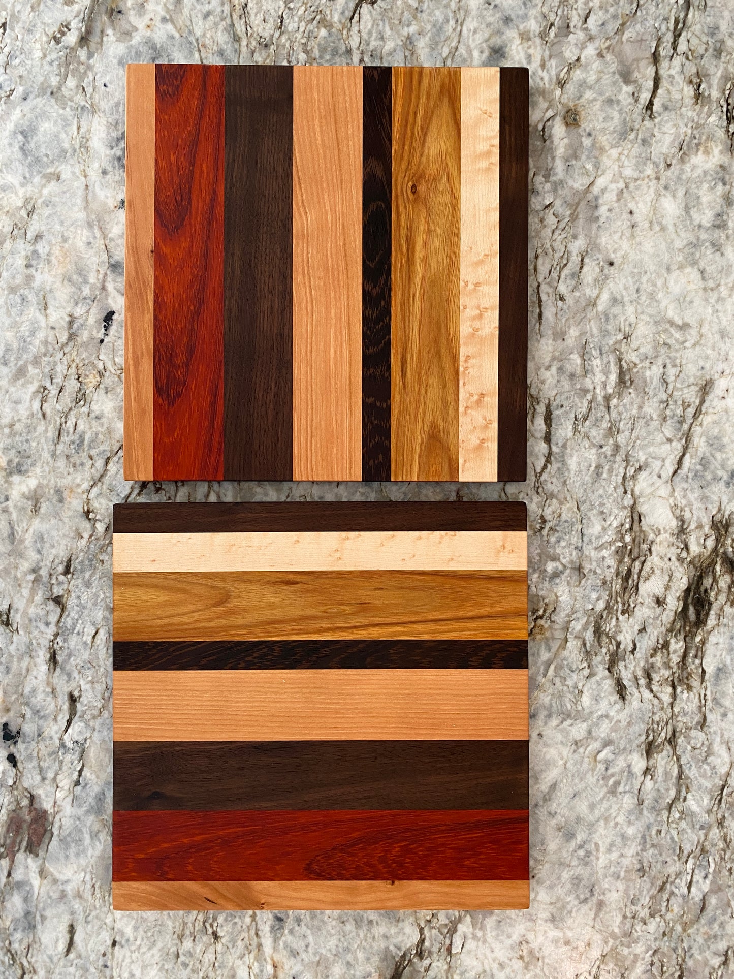 Padauk, Canary, Wenge, Birdseye Maple, Walnut, and Cherry cutting board