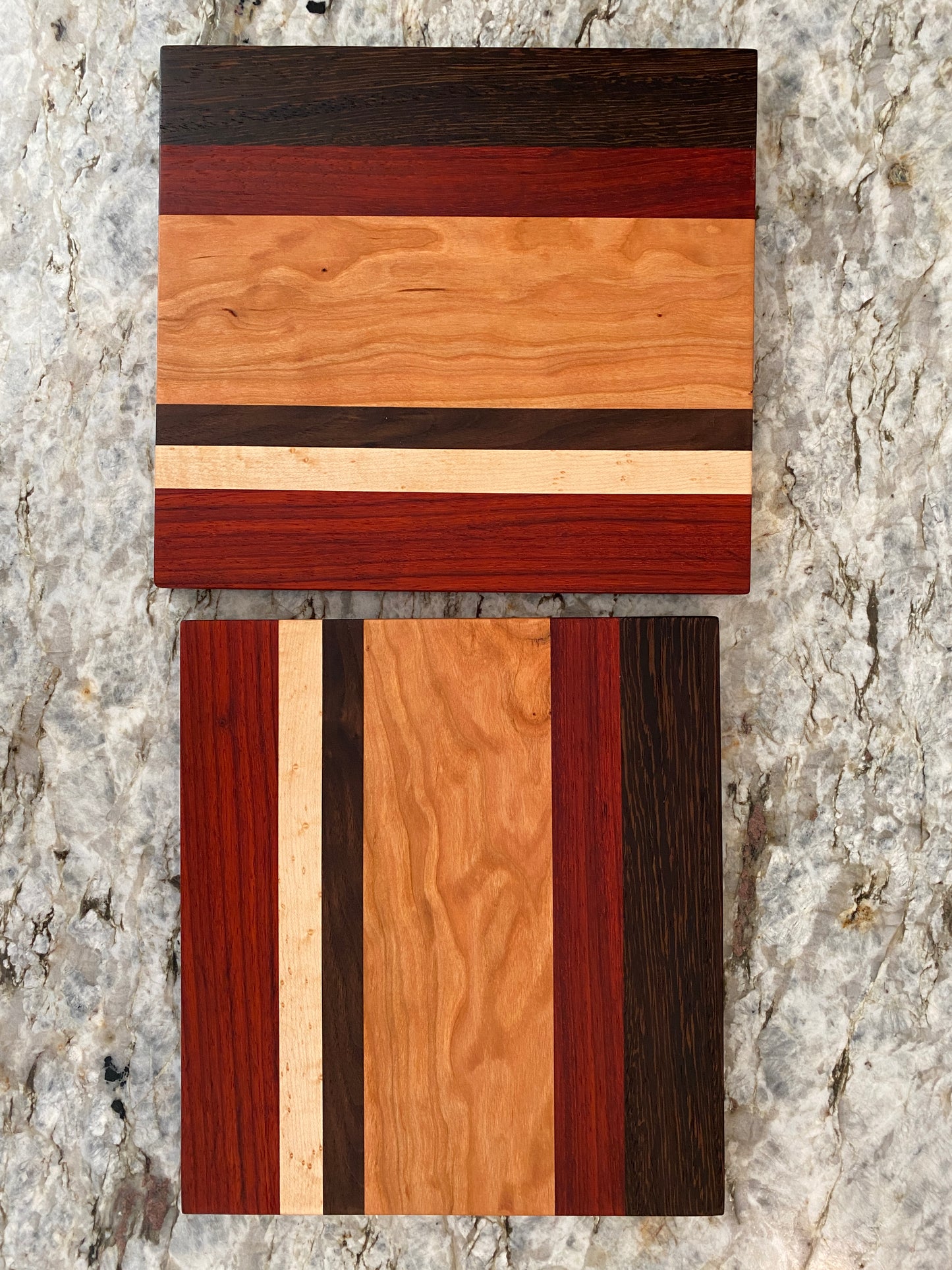 Padauk, Wenge, Birdseye Maple, Walnut, and Cherry cutting board