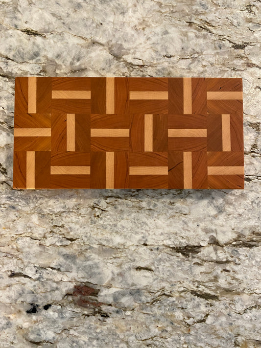 Cherry end grain bar board with Maple basketweave