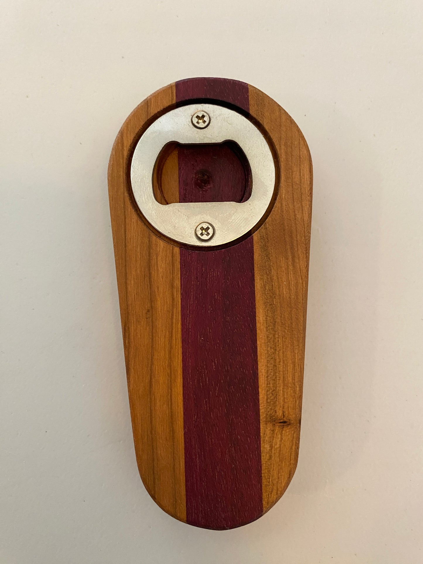 Medium Hardwood Bottle Opener - Cherry and Purple Heart