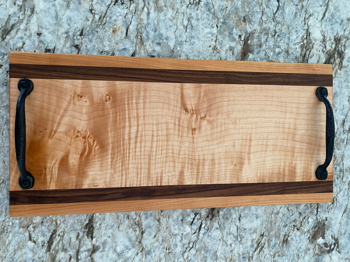 Figured Maple, Walnut and Cherry Serving/Charcuterie Board with handles