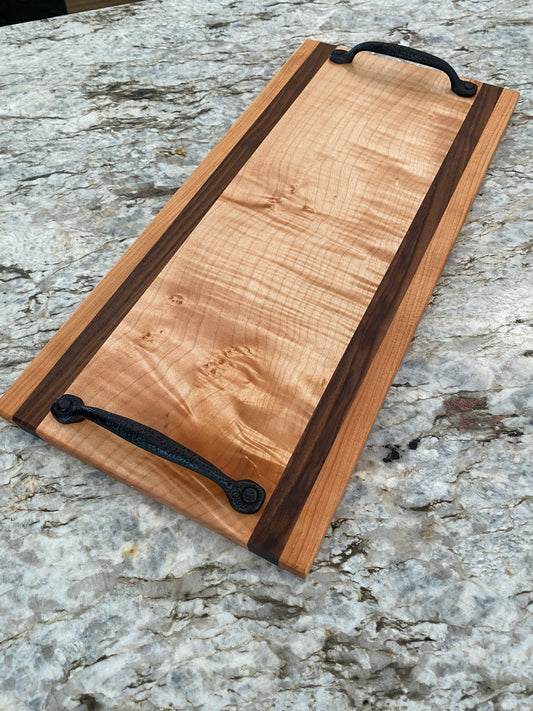 Figured Maple, Walnut and Cherry Serving/Charcuterie Board with handles