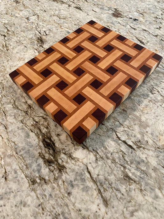 Basketweave end grain cutting board/chopping block Maple, Cherry, and Purple Heart
