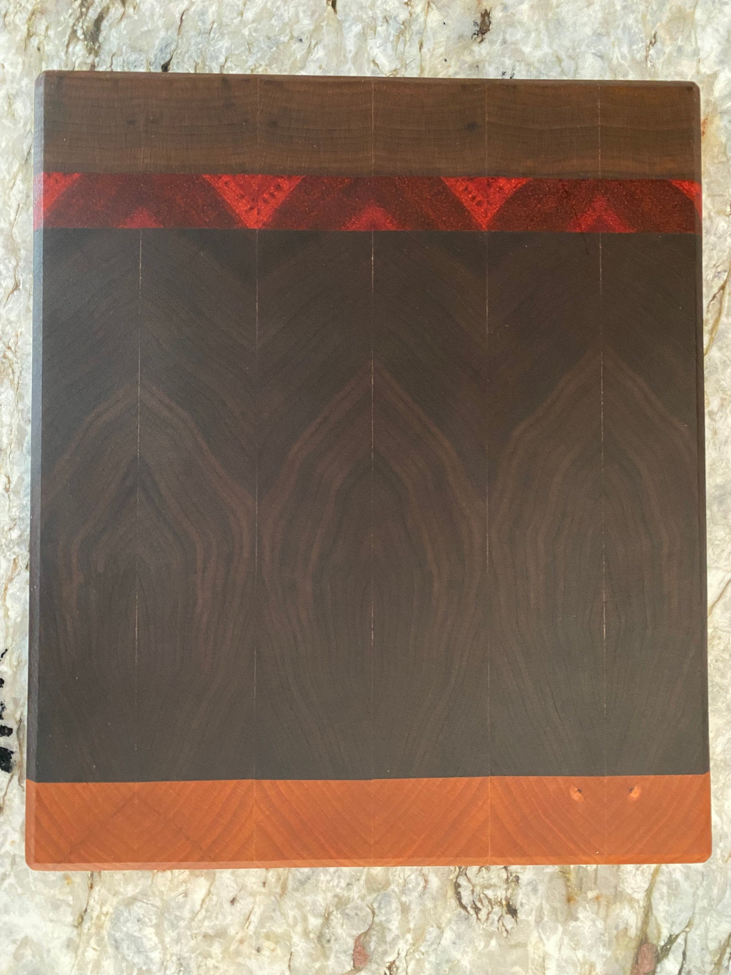 Walnut end grain cutting board/chopping block with Cherry and Padauk highlights